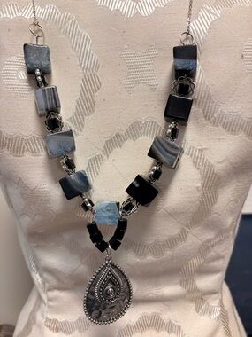 Handcrafted Black, Blue & Gray Stone Pendant Necklace